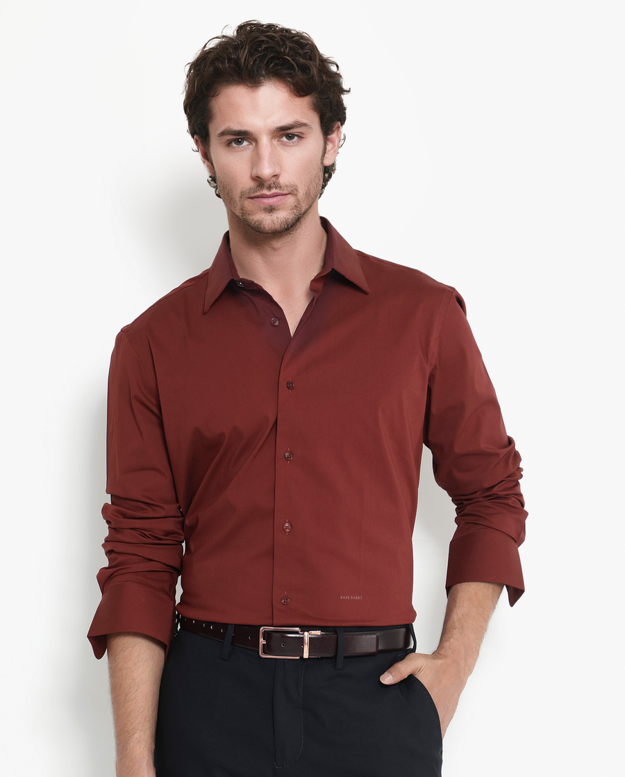Rare Rabbit Men's Bendict Rust Cotton Plain Regular Fit Full Sleeve Collared Shirt