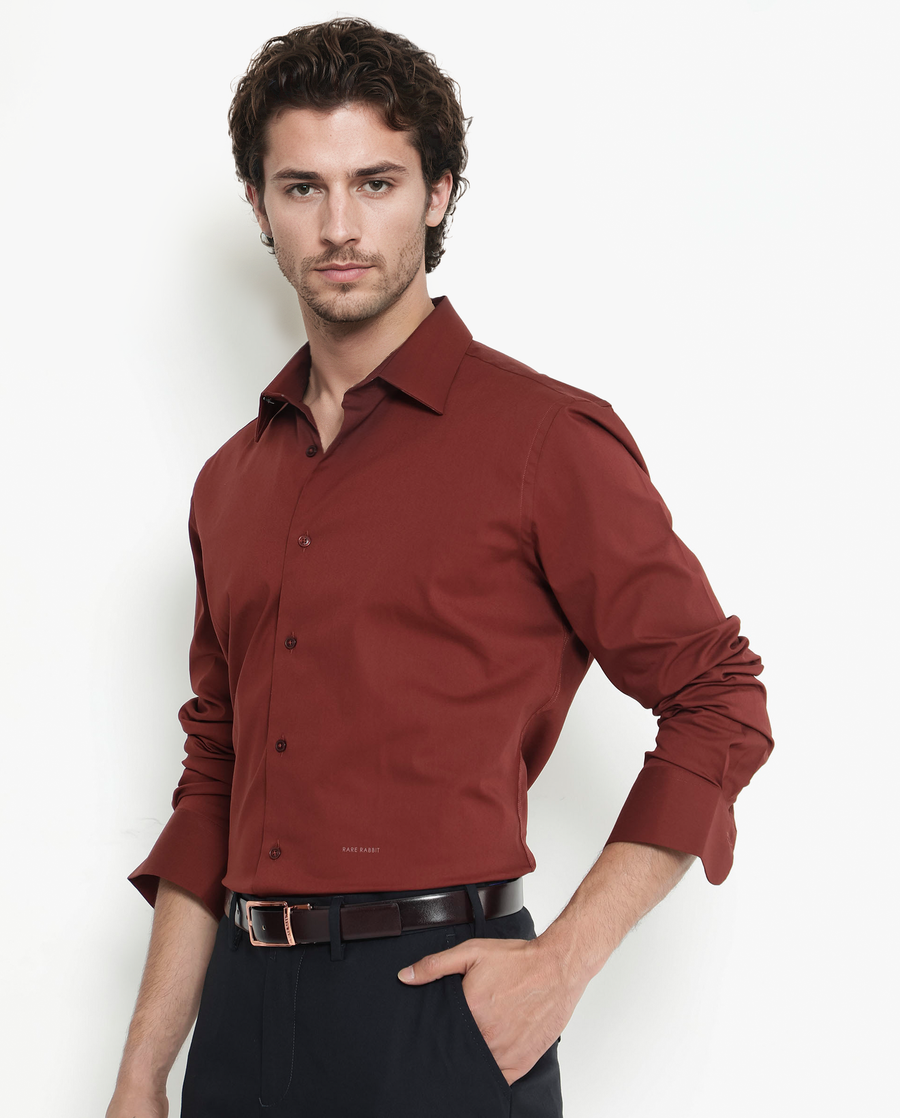 Rare Rabbit Men's Bendict Rust Cotton Plain Regular Fit Full Sleeve Collared Shirt