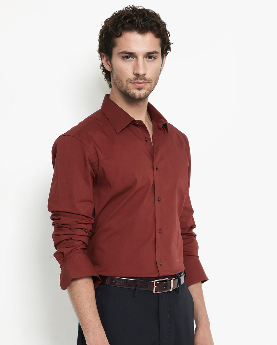 Rare Rabbit Men's Bendict Rust Cotton Plain Regular Fit Full Sleeve Collared Shirt
