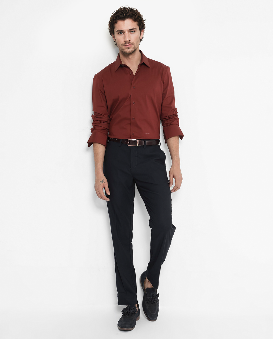 Rare Rabbit Men's Bendict Rust Cotton Plain Regular Fit Full Sleeve Collared Shirt