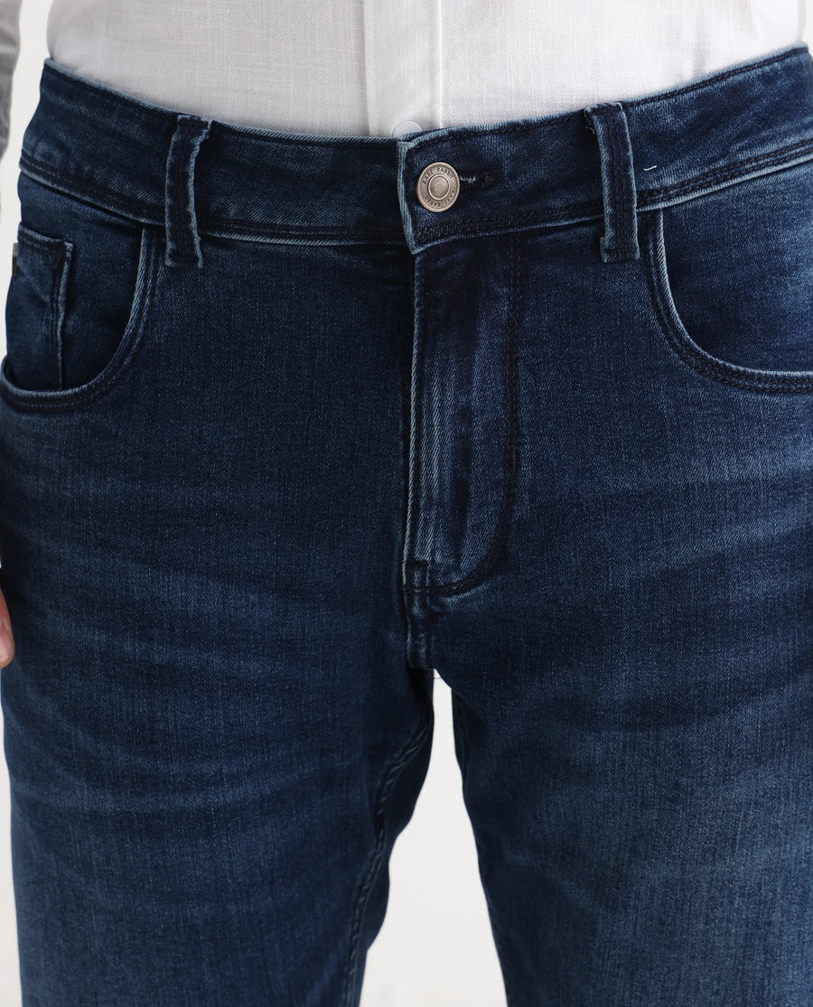 Rare Rabbit Men's Benn Blue Cotton Blend Plain Hawk Slim Fit Jeans