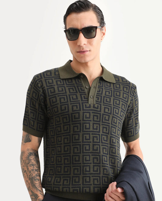 Rare Rabbit Men's Bennett Pastel Navy Cotton Fabric Half Sleeve Regular Fit Geometric Print Polo