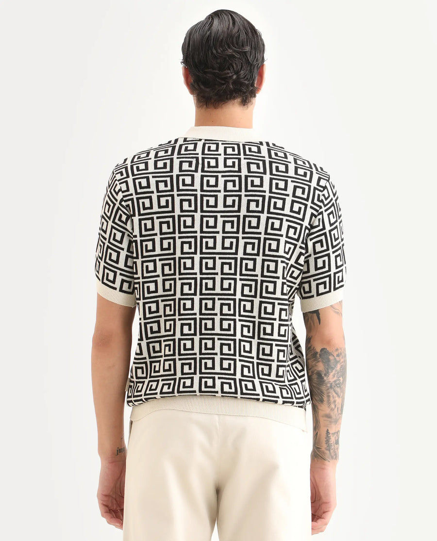 Rare Rabbit Men's Bennett Pastel Off White Cotton Fabric Half Sleeve Regular Fit Geometric Print Polo