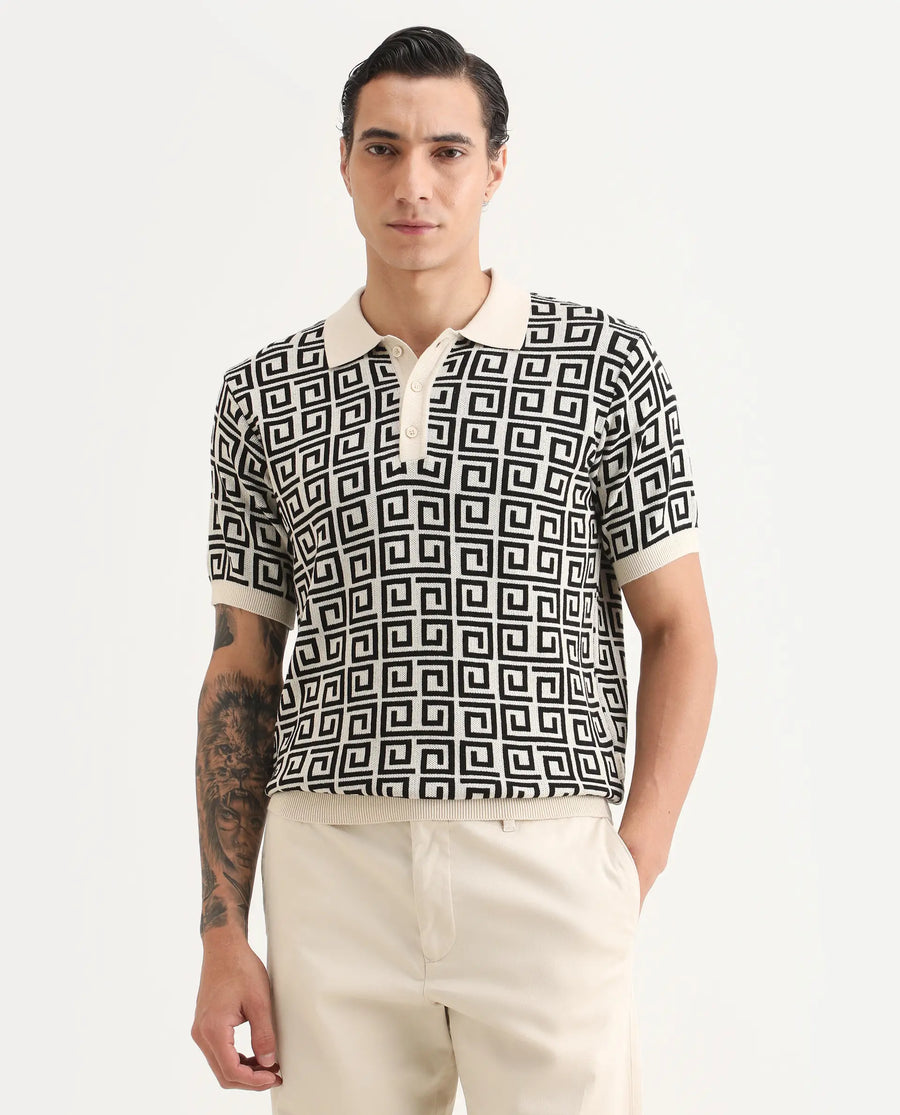 Rare Rabbit Men's Bennett Pastel Off White Cotton Fabric Half Sleeve Regular Fit Geometric Print Polo