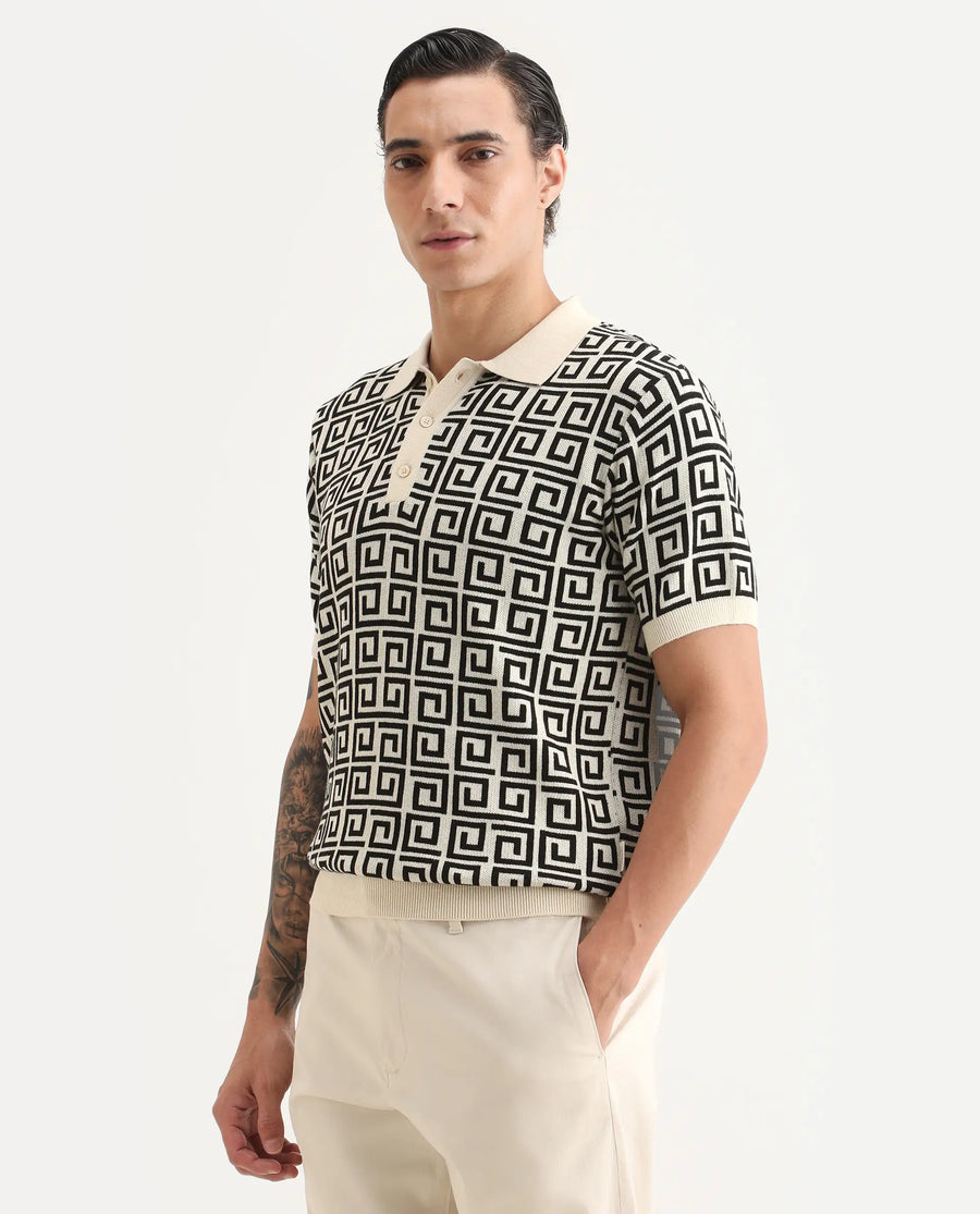 Rare Rabbit Men's Bennett Pastel Off White Cotton Fabric Half Sleeve Regular Fit Geometric Print Polo