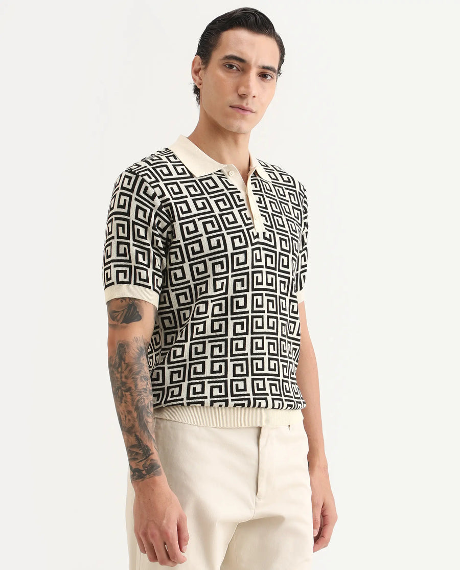 Rare Rabbit Men's Bennett Pastel Off White Cotton Fabric Half Sleeve Regular Fit Geometric Print Polo