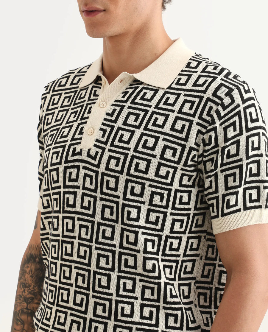 Rare Rabbit Men's Bennett Pastel Off White Cotton Fabric Half Sleeve Regular Fit Geometric Print Polo