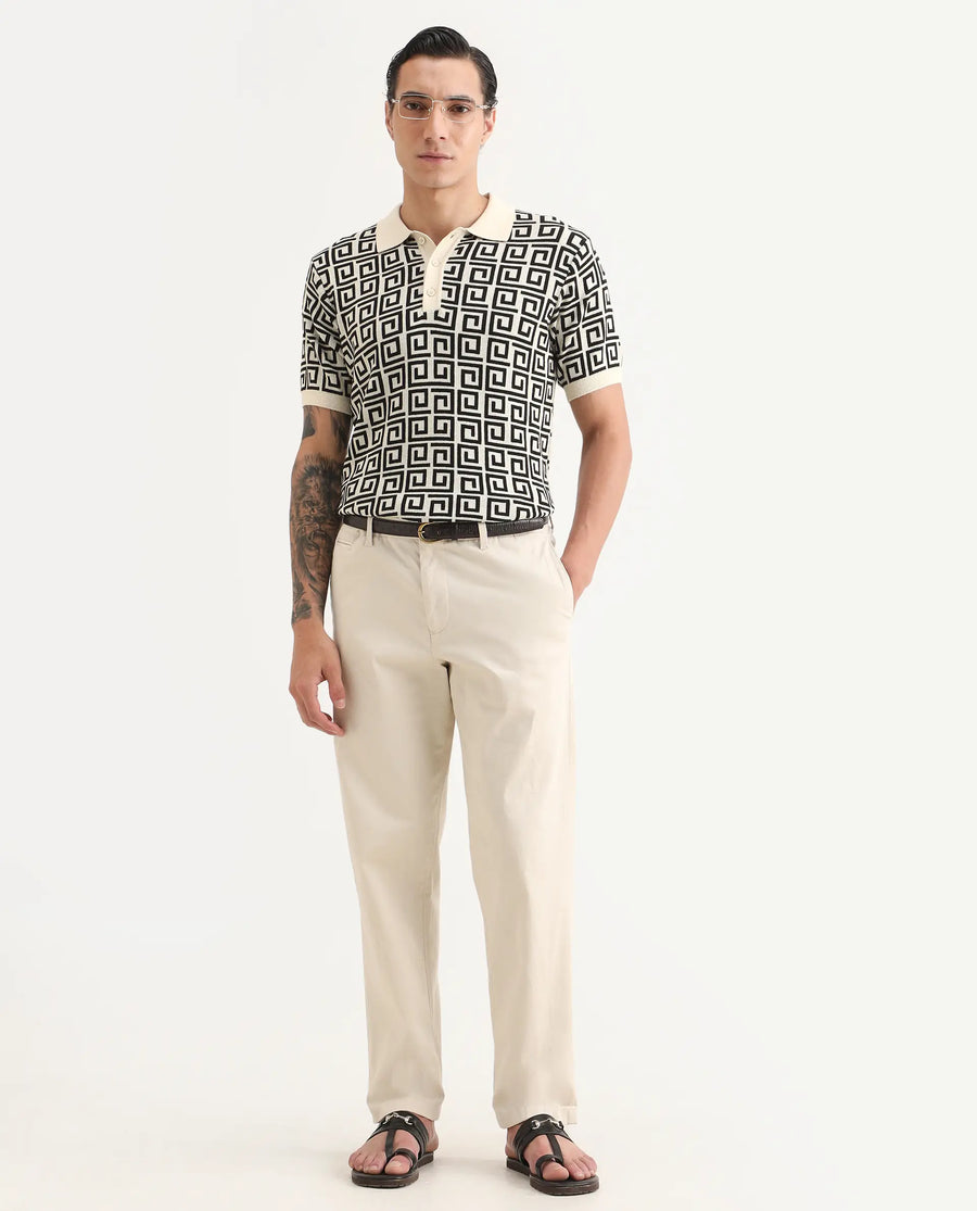Rare Rabbit Men's Bennett Pastel Off White Cotton Fabric Half Sleeve Regular Fit Geometric Print Polo