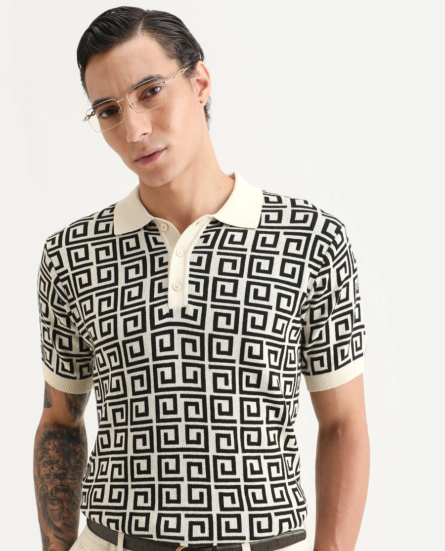 Rare Rabbit Men's Bennett Pastel Off White Cotton Fabric Half Sleeve Regular Fit Geometric Print Polo