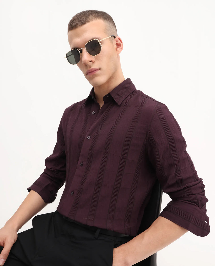 Rare Rabbit Men's Benon-25 Dark Maroon Viscose Blend Striped Print Regular Fit Full Sleeve Spread Collar Shirt