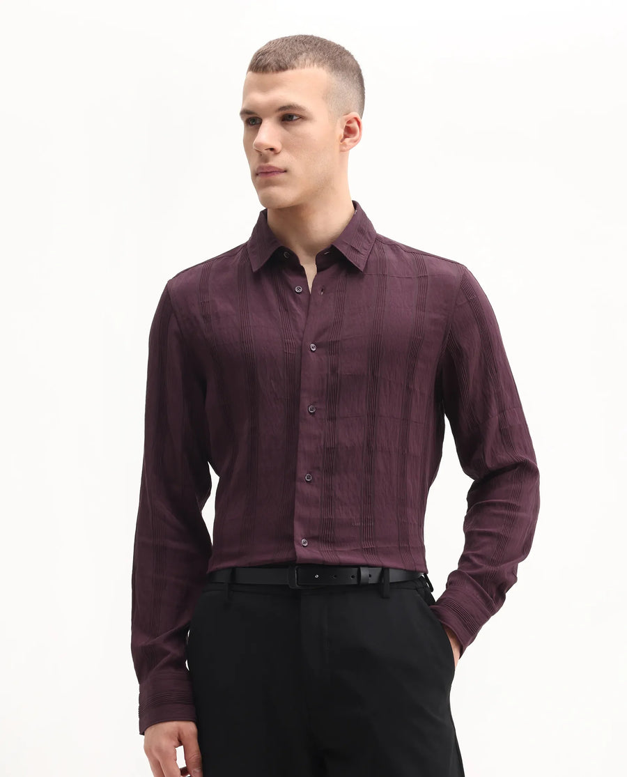 Rare Rabbit Men's Benon-25 Dark Maroon Viscose Blend Striped Print Regular Fit Full Sleeve Spread Collar Shirt