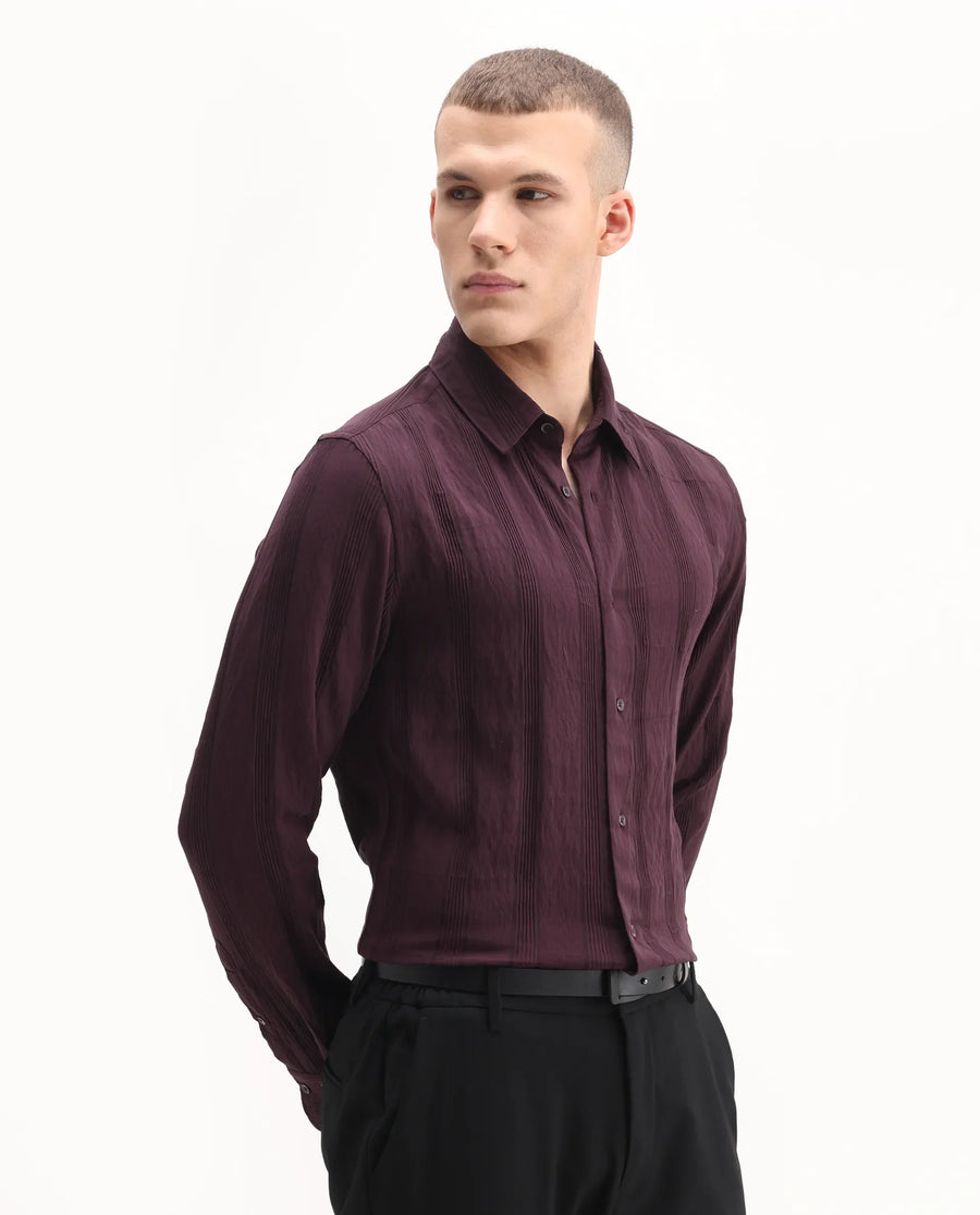 Rare Rabbit Men's Benon-25 Dark Maroon Viscose Blend Striped Print Regular Fit Full Sleeve Spread Collar Shirt