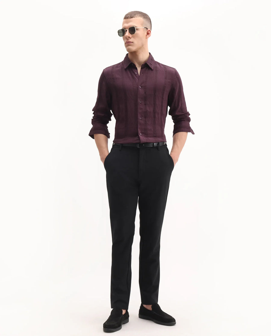 Rare Rabbit Men's Benon-25 Dark Maroon Viscose Blend Striped Print Regular Fit Full Sleeve Spread Collar Shirt