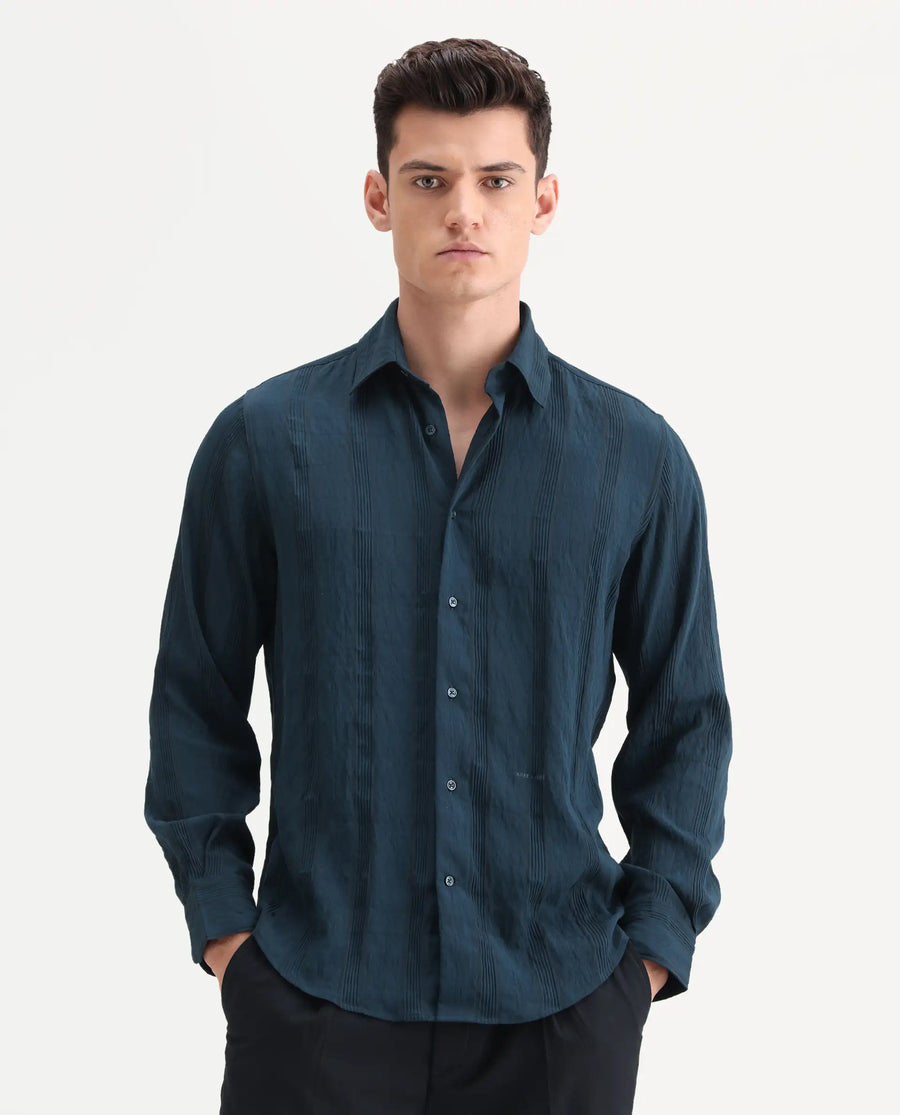 Rare Rabbit Men's Benon-25 Dark Teal Viscose Blend Striped Print Regular Fit Full Sleeve Spread Collar Shirt