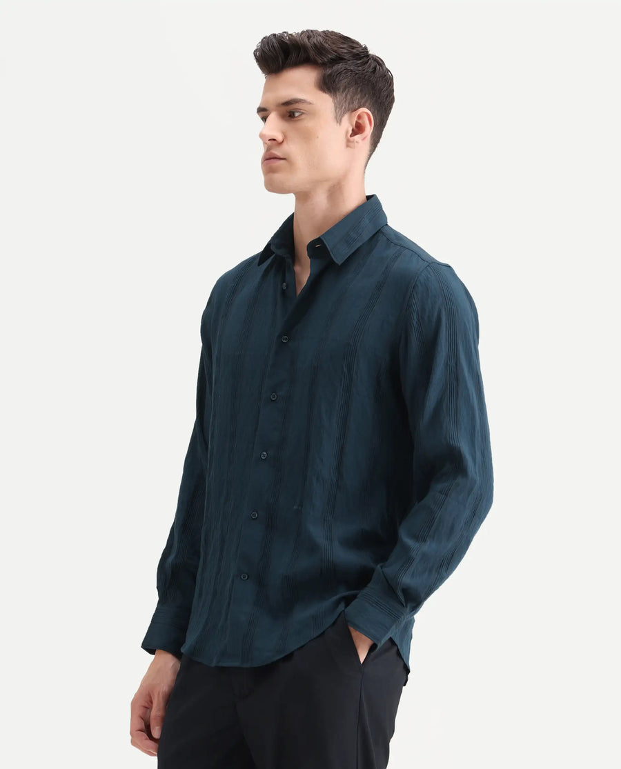 Rare Rabbit Men's Benon-25 Dark Teal Viscose Blend Striped Print Regular Fit Full Sleeve Spread Collar Shirt