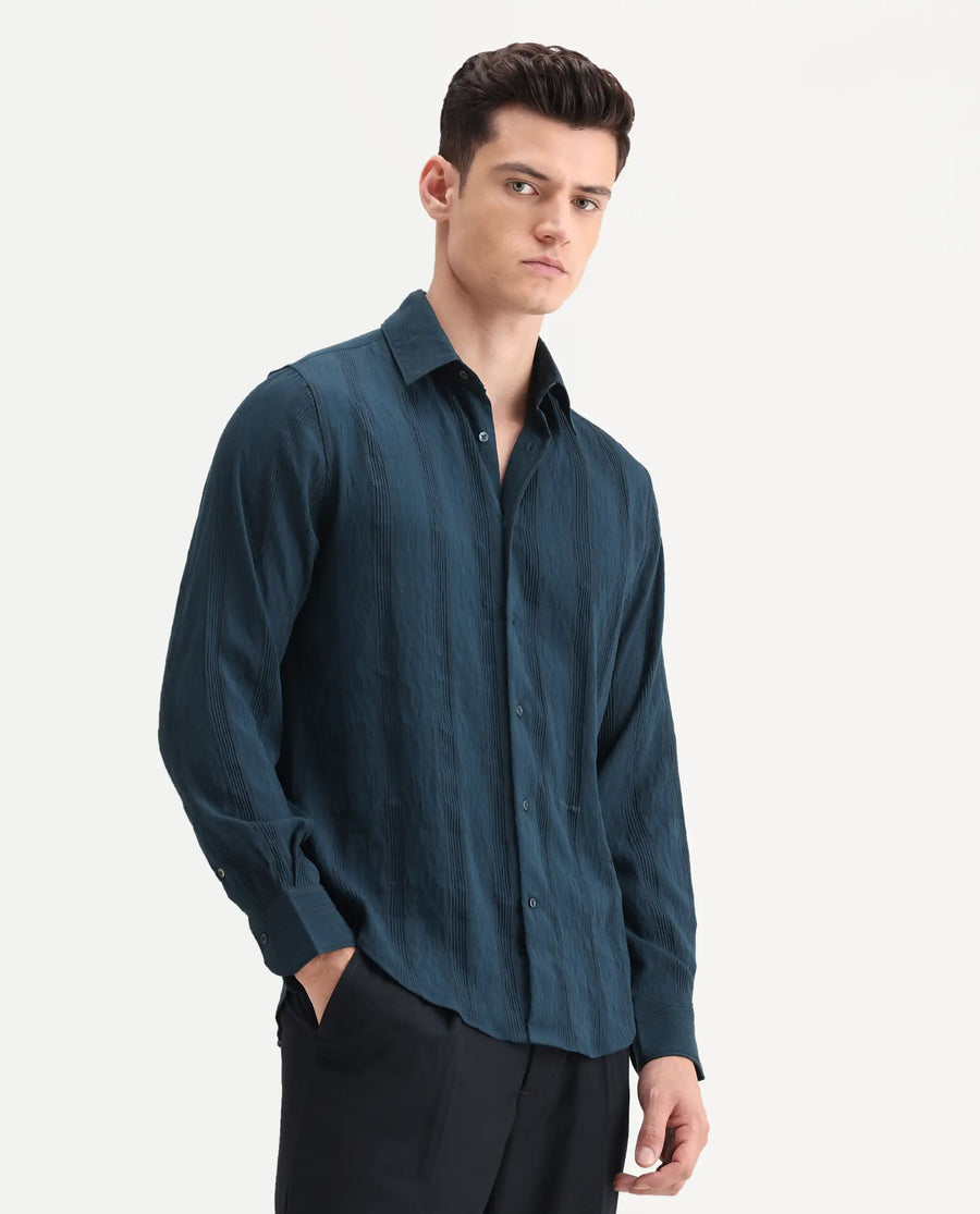 Rare Rabbit Men's Benon-25 Dark Teal Viscose Blend Striped Print Regular Fit Full Sleeve Spread Collar Shirt