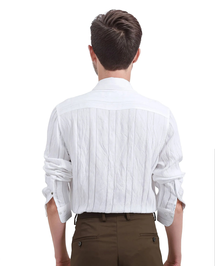 Rare Rabbit Men's Benon White Viscose Blend Striped Print Regular Fit Full Sleeve Collared Shirt