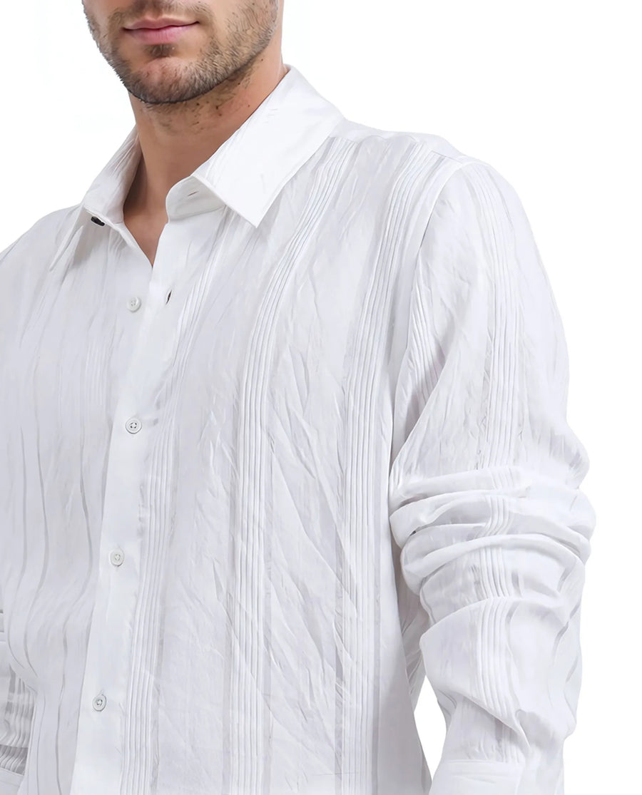 Rare Rabbit Men's Benon White Viscose Blend Striped Print Regular Fit Full Sleeve Collared Shirt