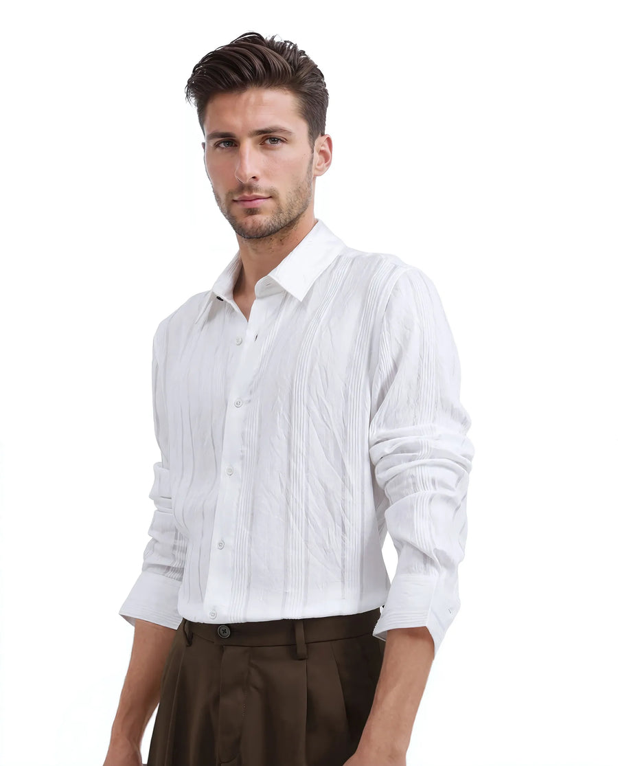 Rare Rabbit Men's Benon White Viscose Blend Striped Print Regular Fit Full Sleeve Collared Shirt