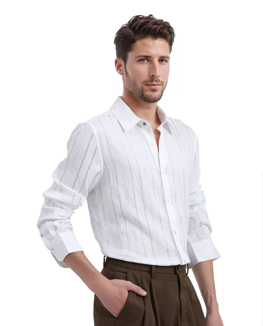 Rare Rabbit Men's Benon White Viscose Blend Striped Print Regular Fit Full Sleeve Collared Shirt