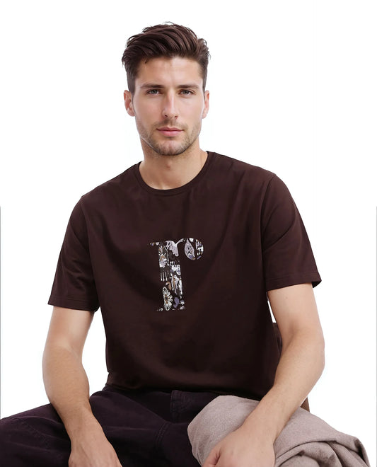 Rare Rabbit Men's Bent Dark Brown Cotton Blend Graphic Print Regular Fit Half Sleeve Crew Neck T-Shirt