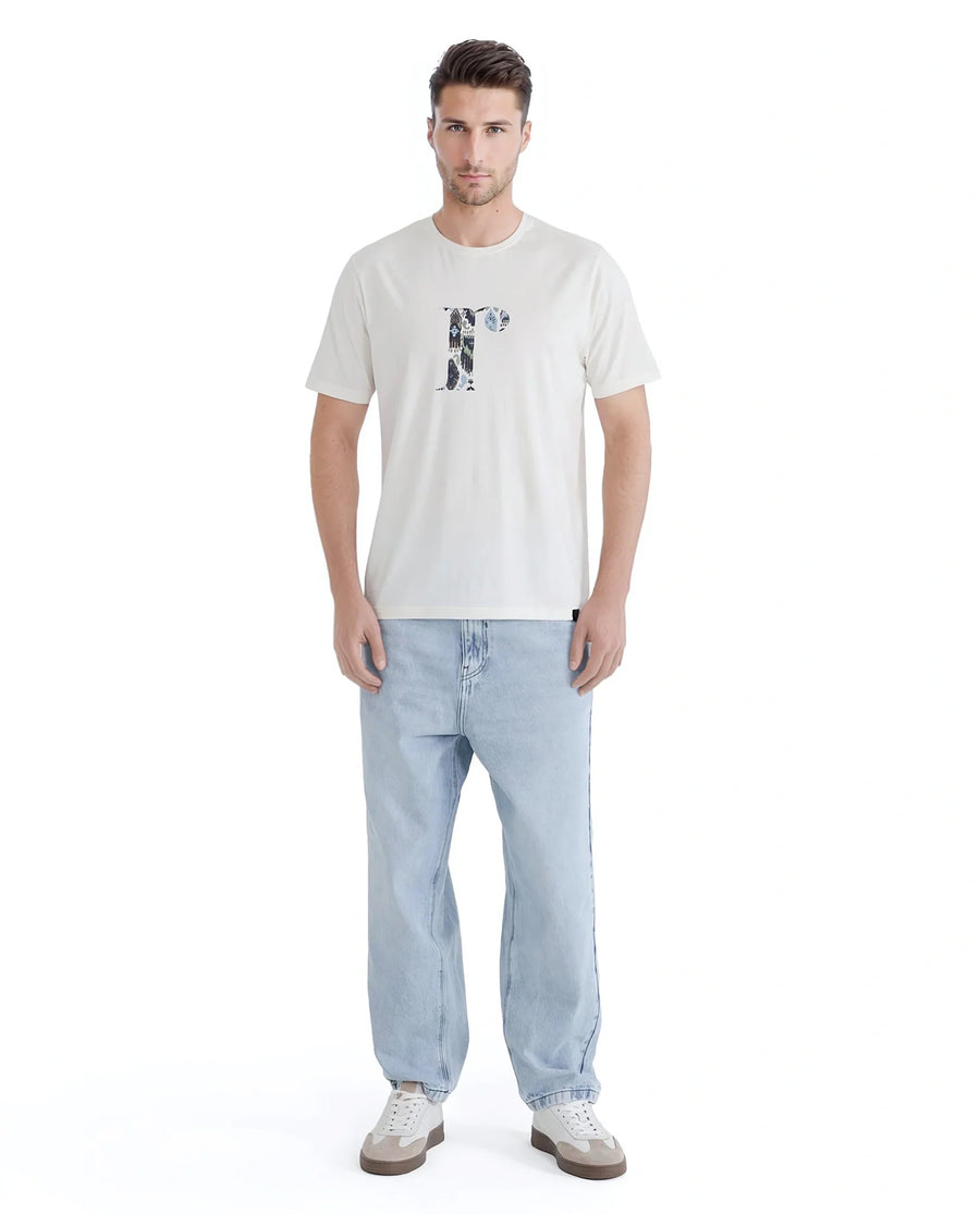 Rare Rabbit Men's Bent Off White Cotton Blend Graphic Print Regular Fit Half Sleeve Crew Neck T-Shirt