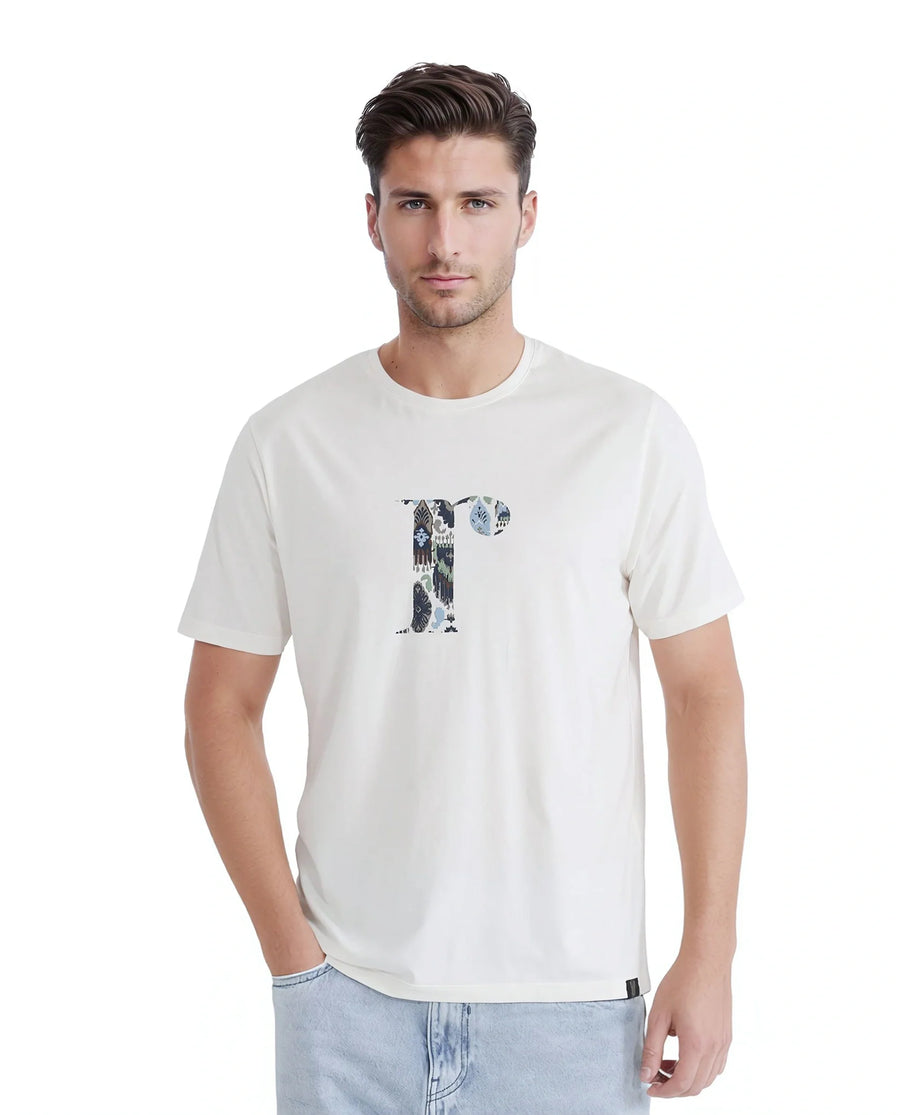 Rare Rabbit Men's Bent Off White Cotton Blend Graphic Print Regular Fit Half Sleeve Crew Neck T-Shirt