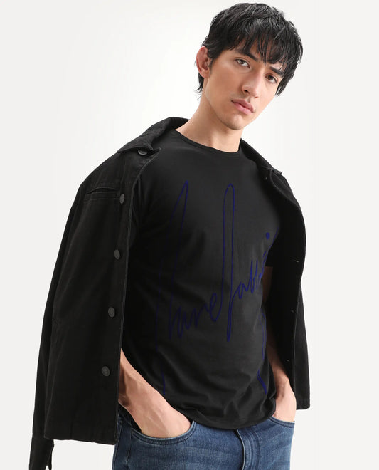 Rare Rabbit Men's Berg-S26 Black Cotton Blend Fabric Half Sleeve Crew Neck Regular Fit Printed T-Shirt