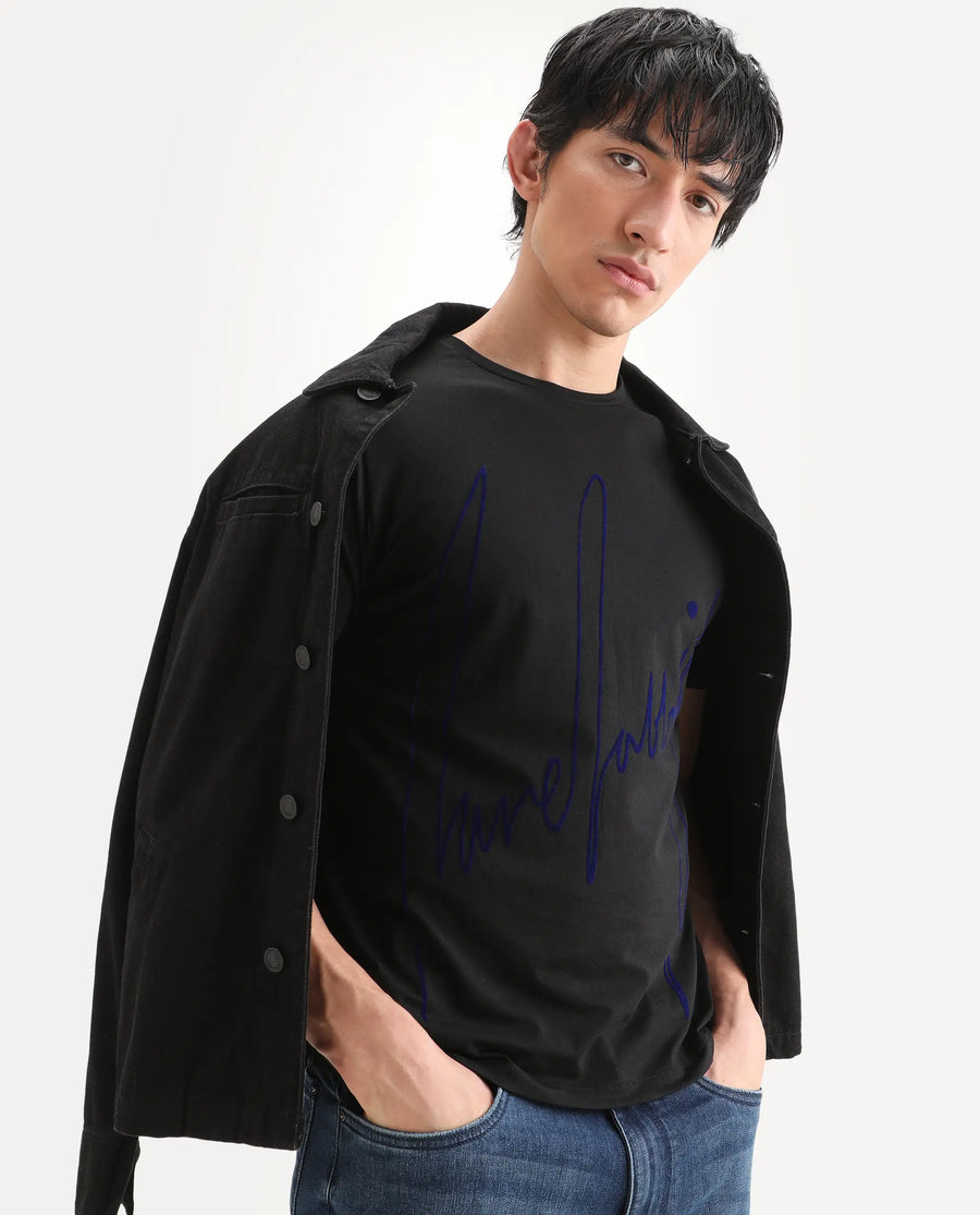 Rare Rabbit Men's Berg-S26 Black Cotton Blend Fabric Half Sleeve Crew Neck Regular Fit Printed T-Shirt