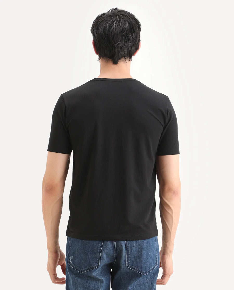 Rare Rabbit Men's Berg-S26 Black Cotton Blend Fabric Half Sleeve Crew Neck Regular Fit Printed T-Shirt