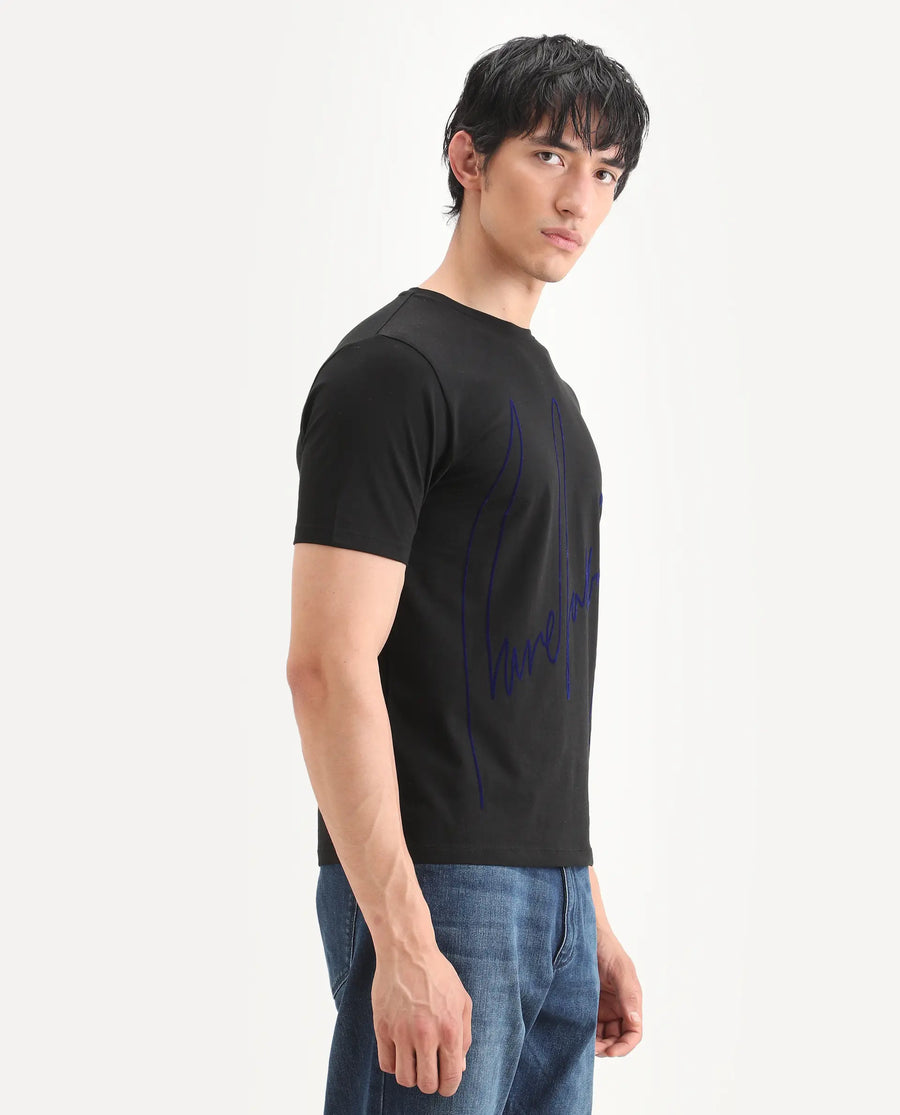 Rare Rabbit Men's Berg-S26 Black Cotton Blend Fabric Half Sleeve Crew Neck Regular Fit Printed T-Shirt