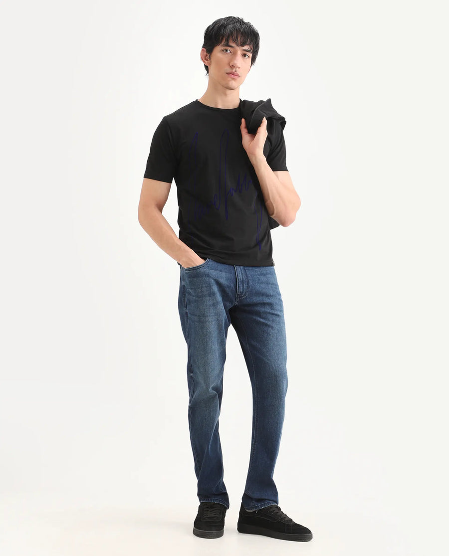Rare Rabbit Men's Berg-S26 Black Cotton Blend Fabric Half Sleeve Crew Neck Regular Fit Printed T-Shirt