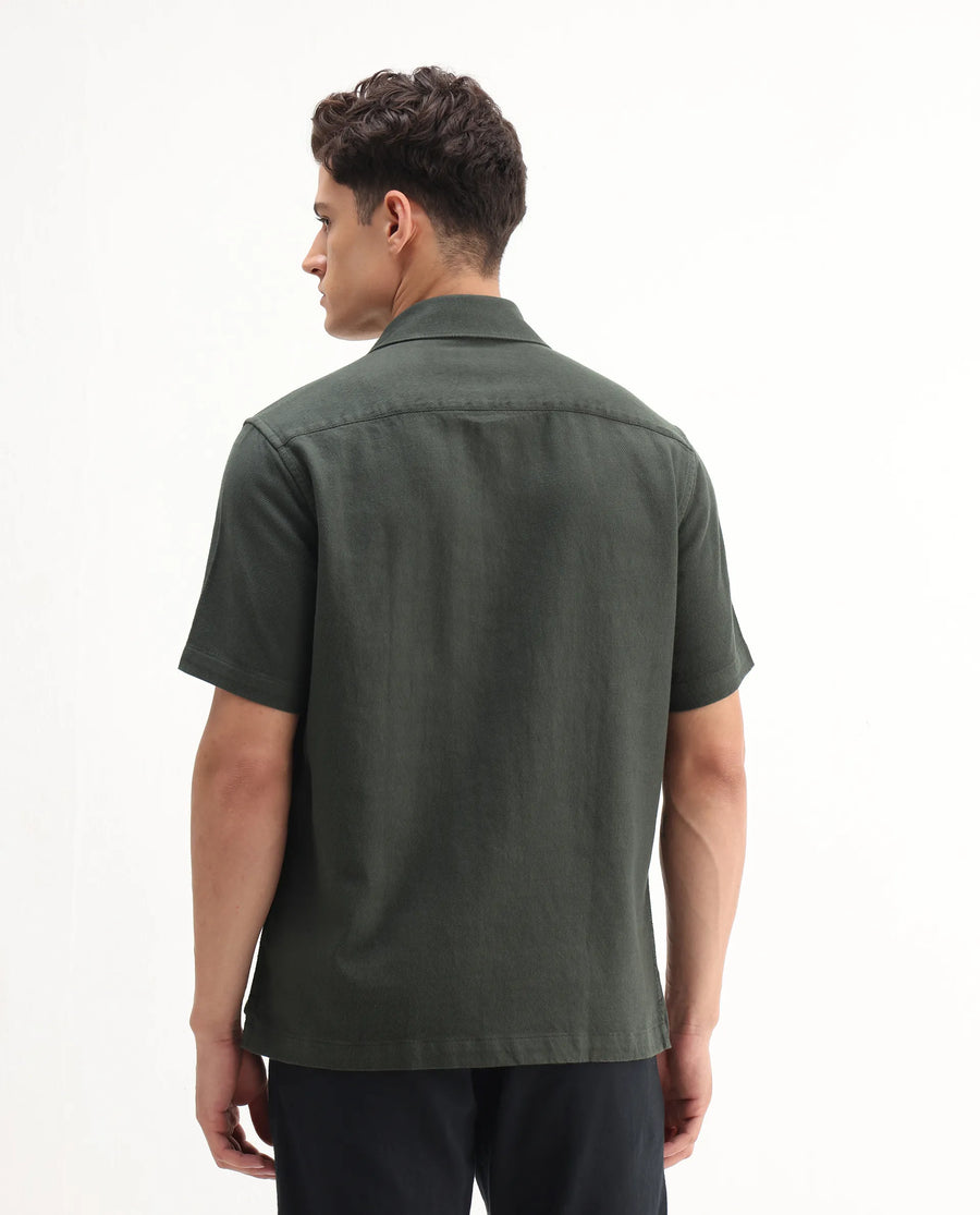 Rare Rabbit Men's Berk-Ss Olive Cotton Plain Regular Fit Half Sleeve Spread Collar Shirt
