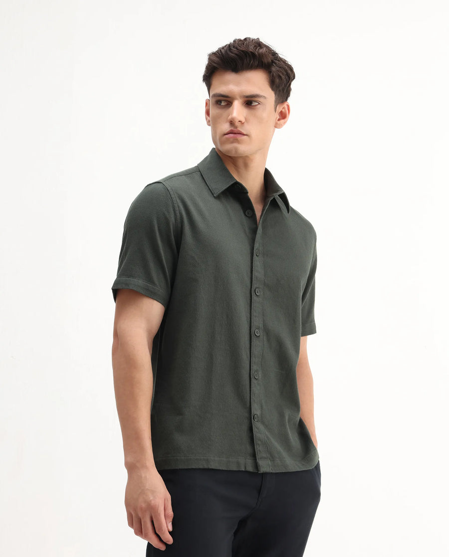Rare Rabbit Men's Berk-Ss Olive Cotton Plain Regular Fit Half Sleeve Spread Collar Shirt