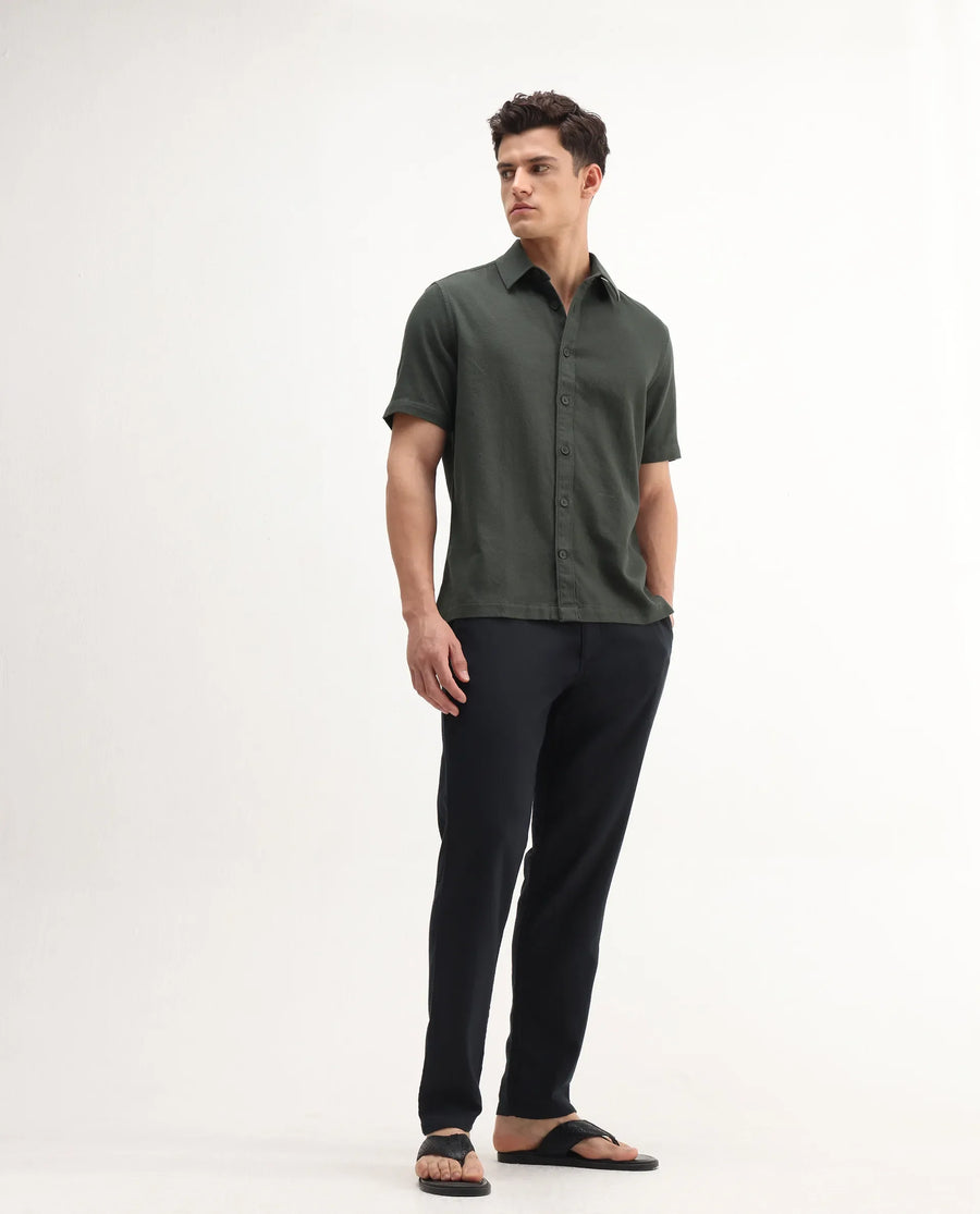 Rare Rabbit Men's Berk-Ss Olive Cotton Plain Regular Fit Half Sleeve Spread Collar Shirt
