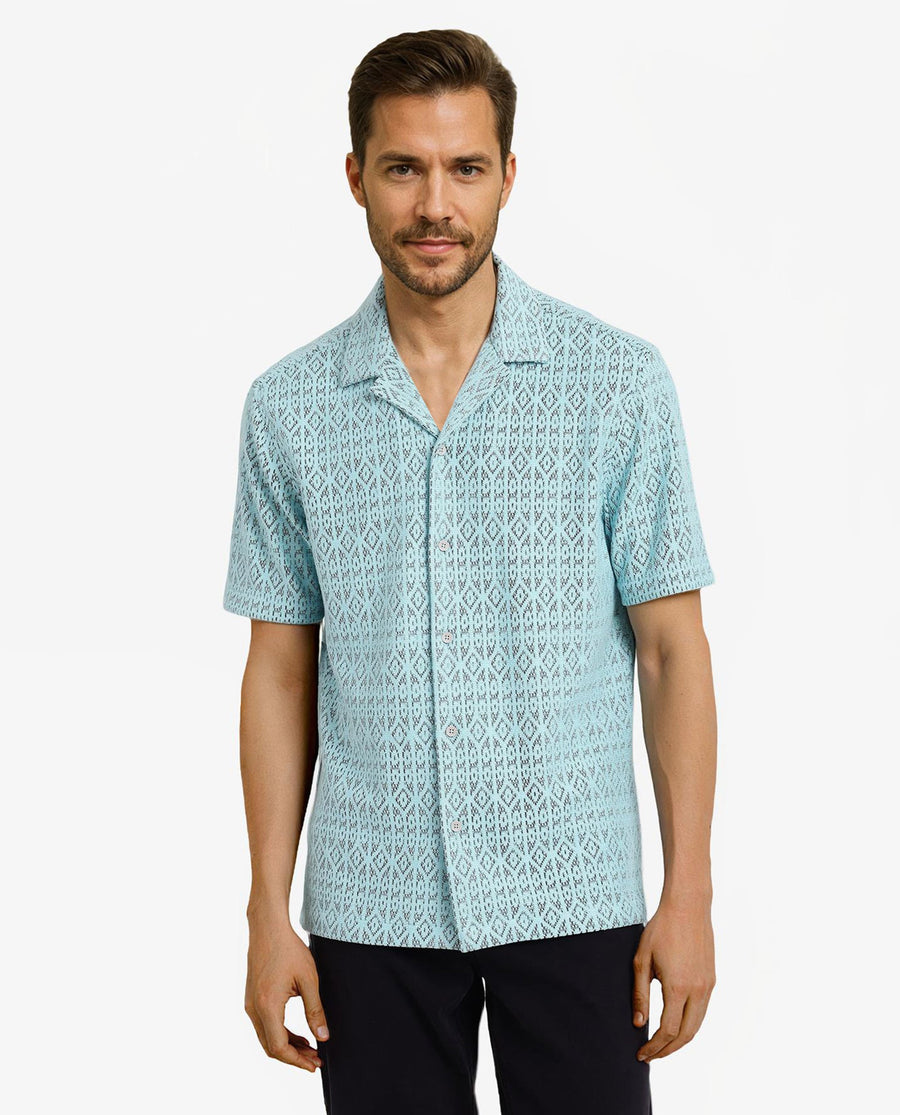 Rare Rabbit Men's Berlin Light Blue Plain Boxy Fit Half Sleeve Cuban Collar Shirt
