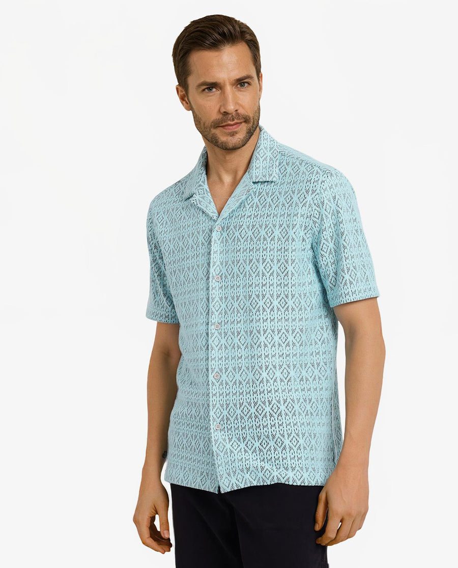 Rare Rabbit Men's Berlin Light Blue Plain Boxy Fit Half Sleeve Cuban Collar Shirt