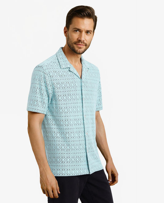 Rare Rabbit Men's Berlin Light Blue Plain Boxy Fit Half Sleeve Cuban Collar Shirt