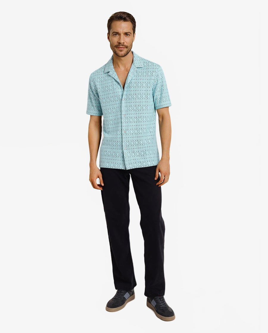Rare Rabbit Men's Berlin Light Blue Plain Boxy Fit Half Sleeve Cuban Collar Shirt