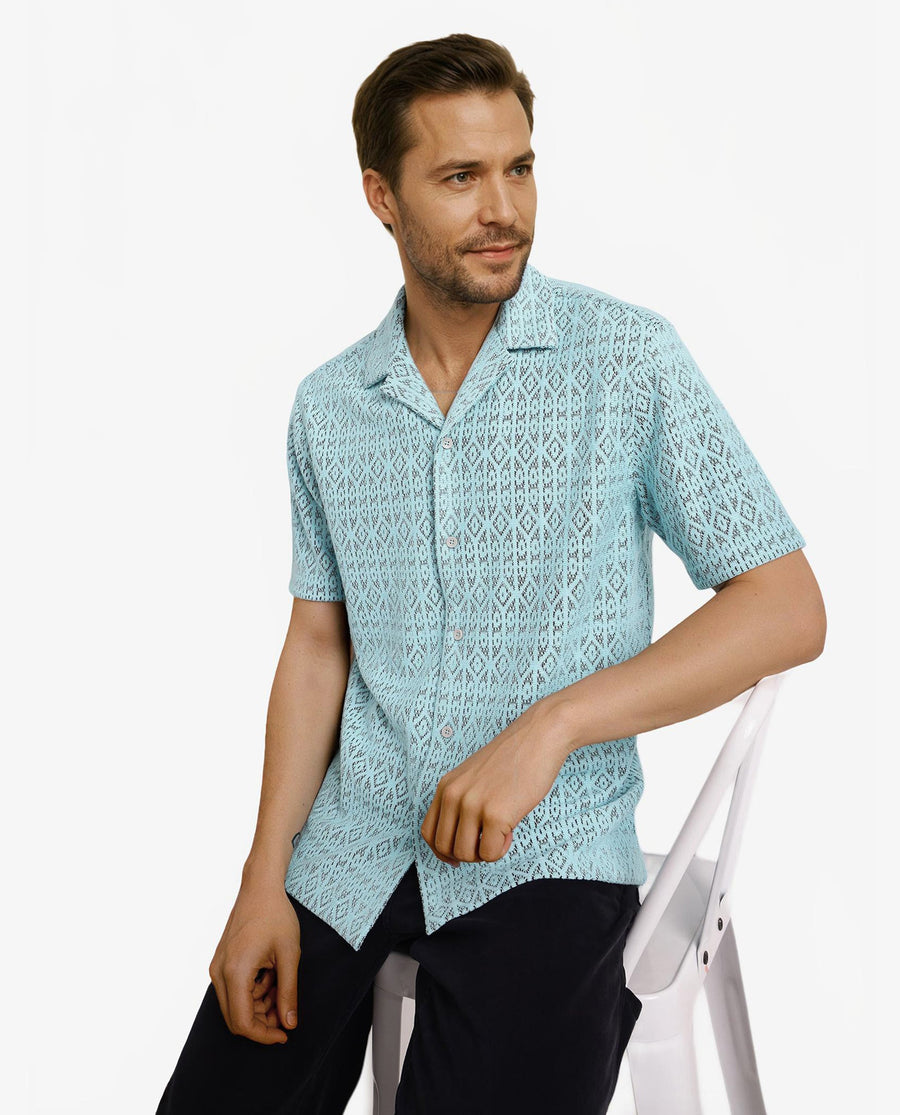 Rare Rabbit Men's Berlin Light Blue Plain Boxy Fit Half Sleeve Cuban Collar Shirt
