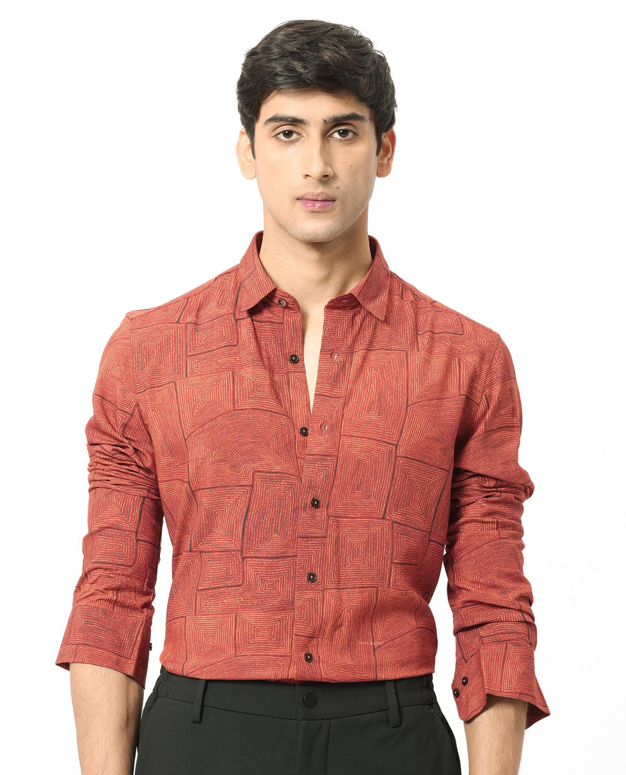 Rare Rabbit Men's Berman Rust Viscose Geometric Print Regular Fit Full Sleeve Collared Shirt