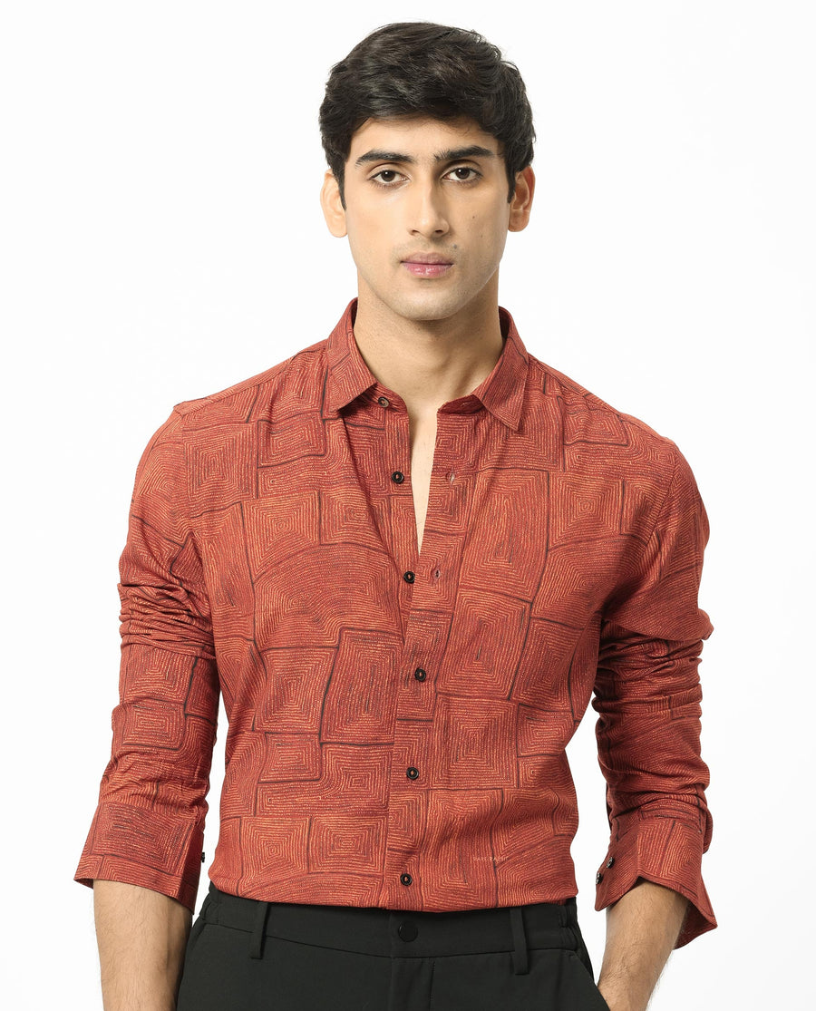 Rare Rabbit Men's Berman Rust Viscose Geometric Print Regular Fit Full Sleeve Collared Shirt