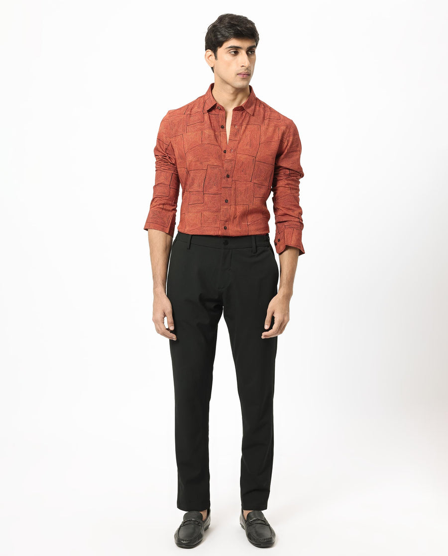 Rare Rabbit Men's Berman Rust Viscose Geometric Print Regular Fit Full Sleeve Collared Shirt