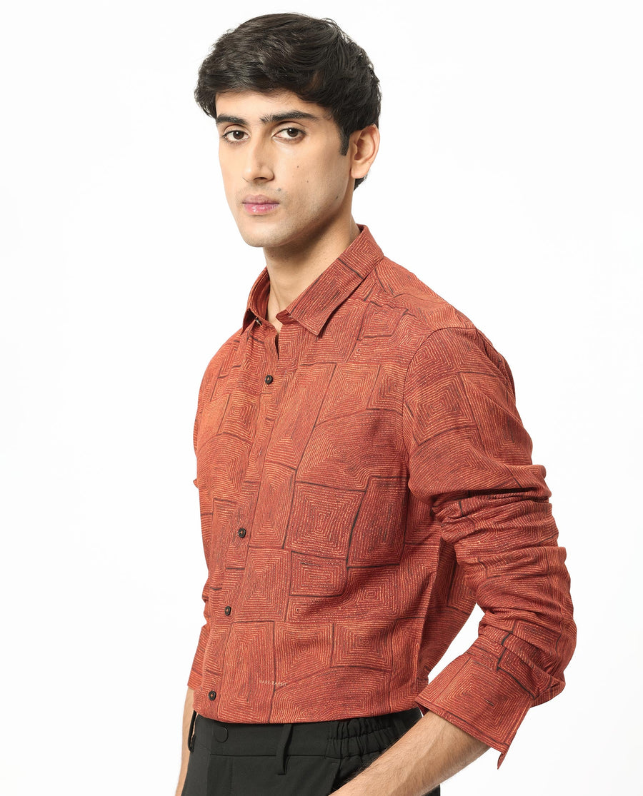 Rare Rabbit Men's Berman Rust Viscose Geometric Print Regular Fit Full Sleeve Collared Shirt