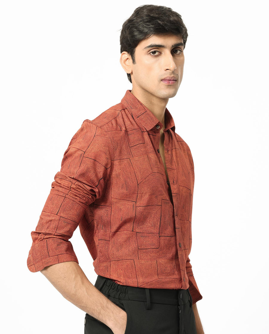 Rare Rabbit Men's Berman Rust Viscose Geometric Print Regular Fit Full Sleeve Collared Shirt