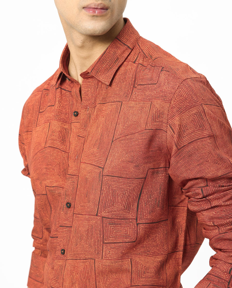 Rare Rabbit Men's Berman Rust Viscose Geometric Print Regular Fit Full Sleeve Collared Shirt