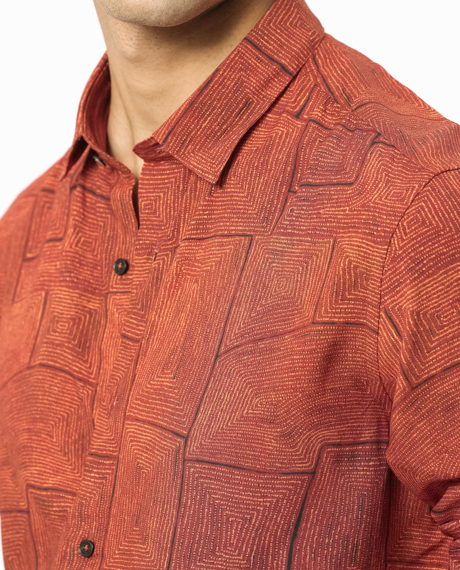 Rare Rabbit Men's Berman Rust Viscose Geometric Print Regular Fit Full Sleeve Collared Shirt