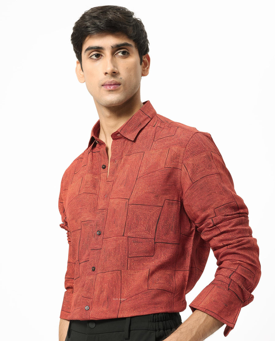 Rare Rabbit Men's Berman Rust Viscose Geometric Print Regular Fit Full Sleeve Collared Shirt