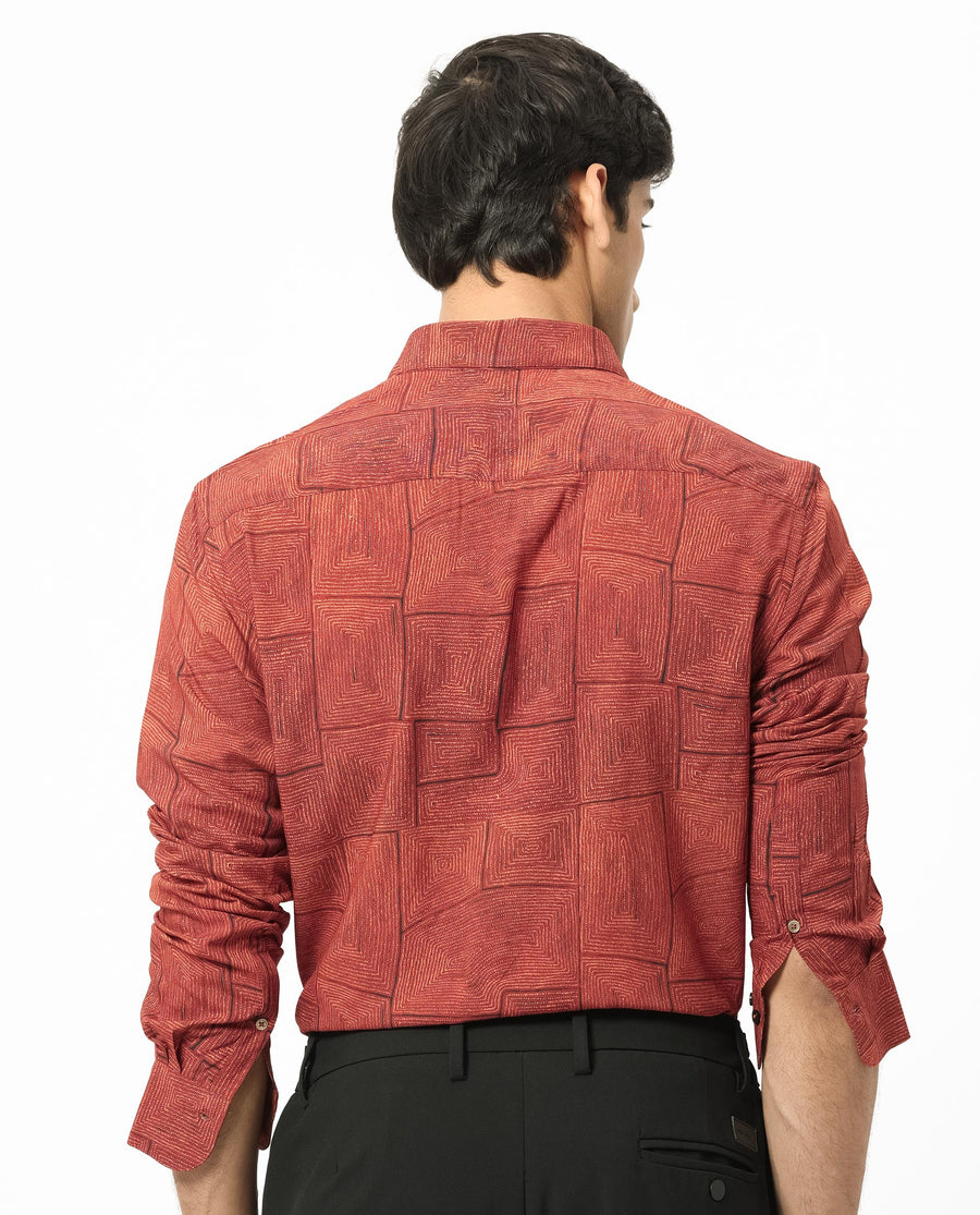 Rare Rabbit Men's Berman Rust Viscose Geometric Print Regular Fit Full Sleeve Collared Shirt