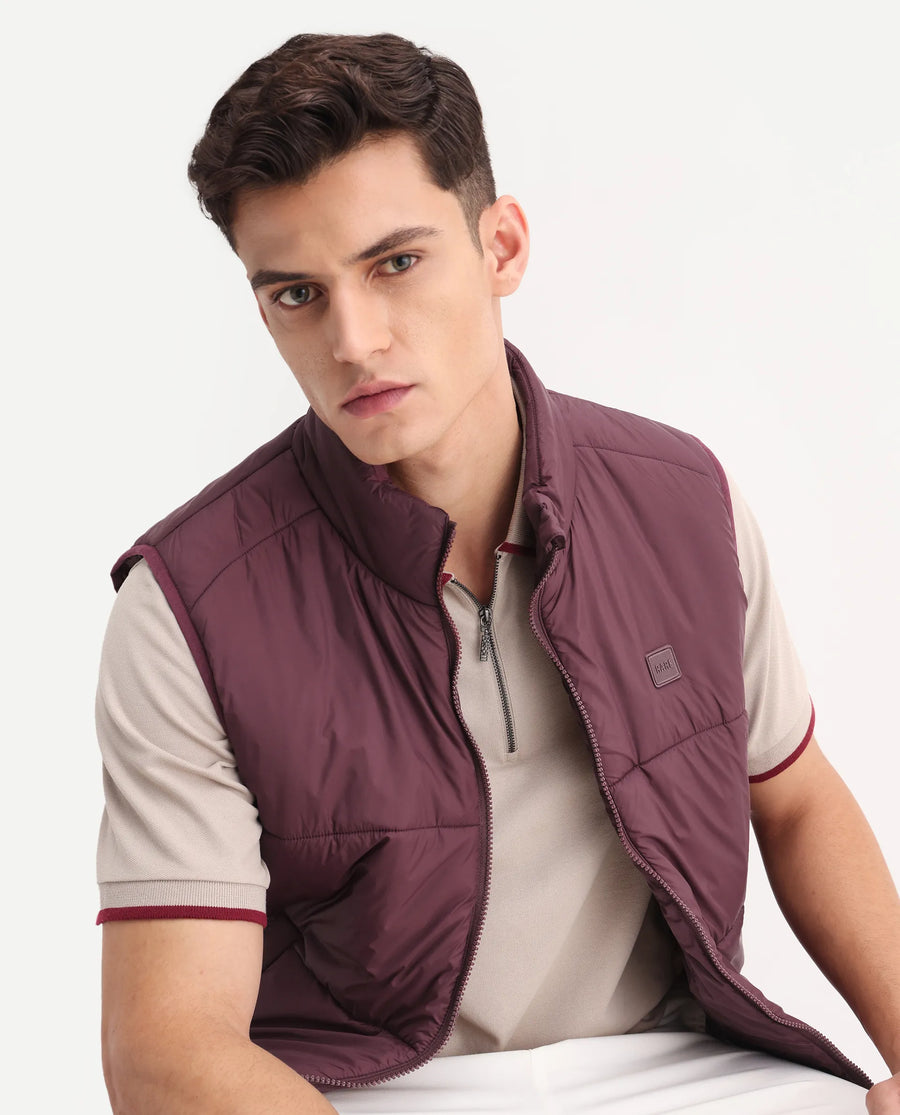 Rare Rabbit Men's Berry-25 Maroon Polyester Plain Regular Fit Sleeveless High Neck Jacket